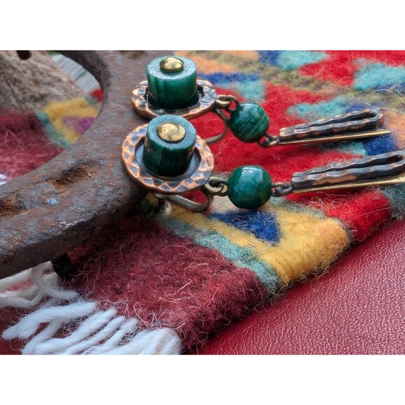 Vintage Casa Maya Copper Onyx Earrings, Mixed Metal Screw On Earrings - Picture 6 of 10